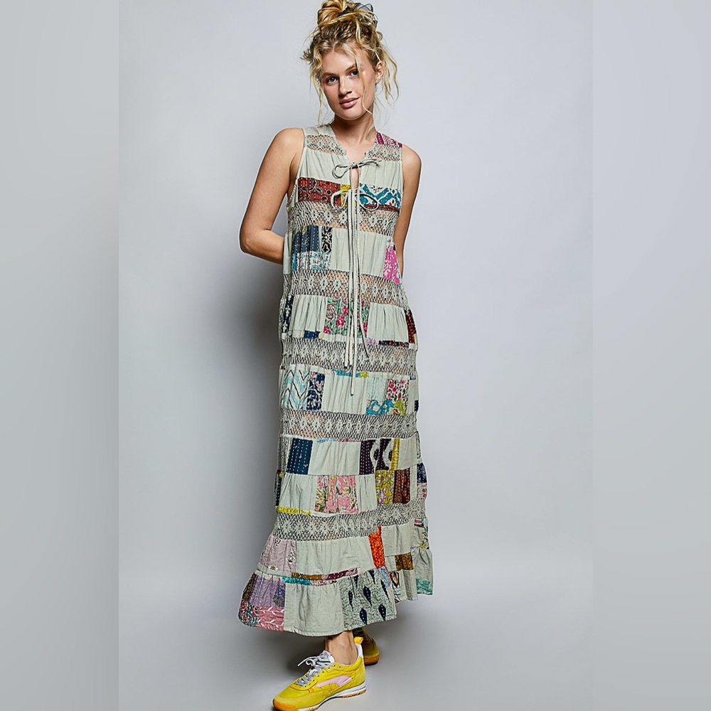 PT7 Last 2! POL Bohemian Patchwork Maxi Dress in Sage Green - Picture 3 of 5